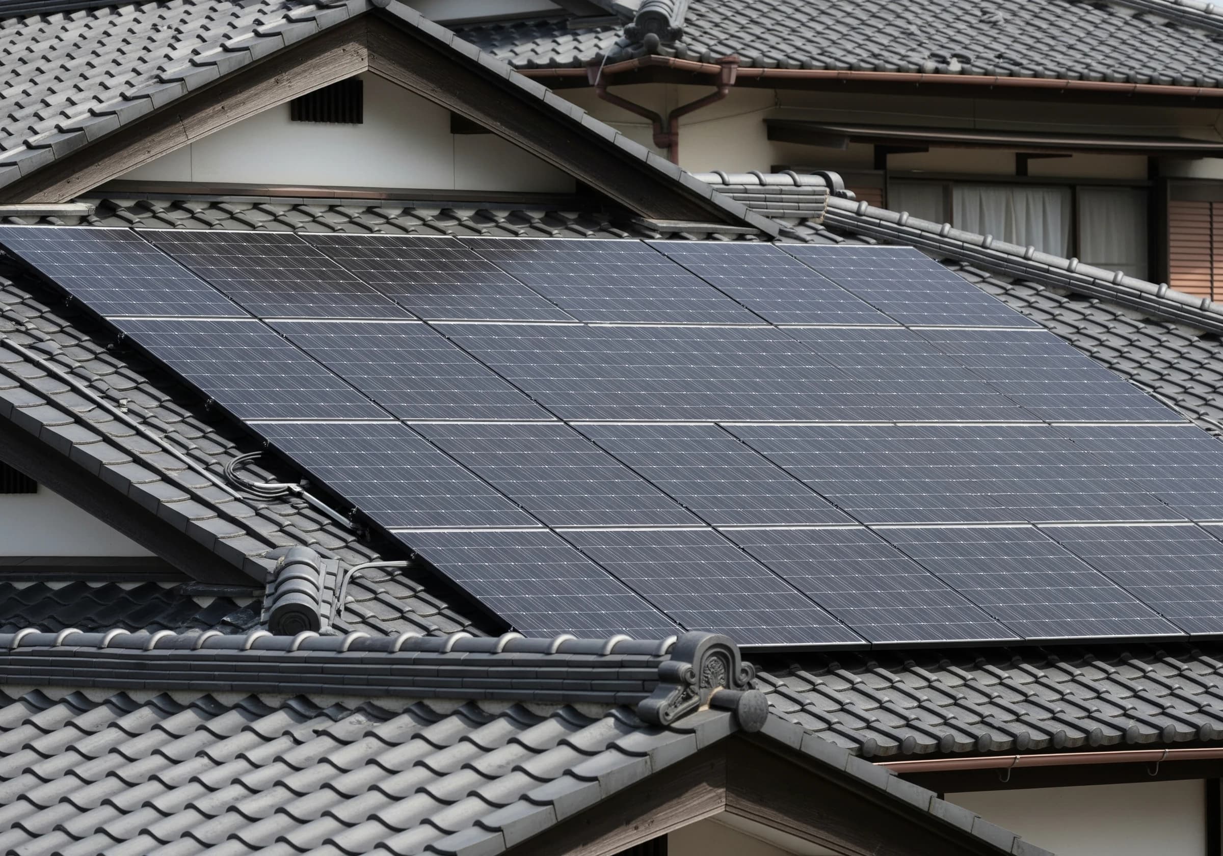 住宅屋根の太陽光パネル施工現場