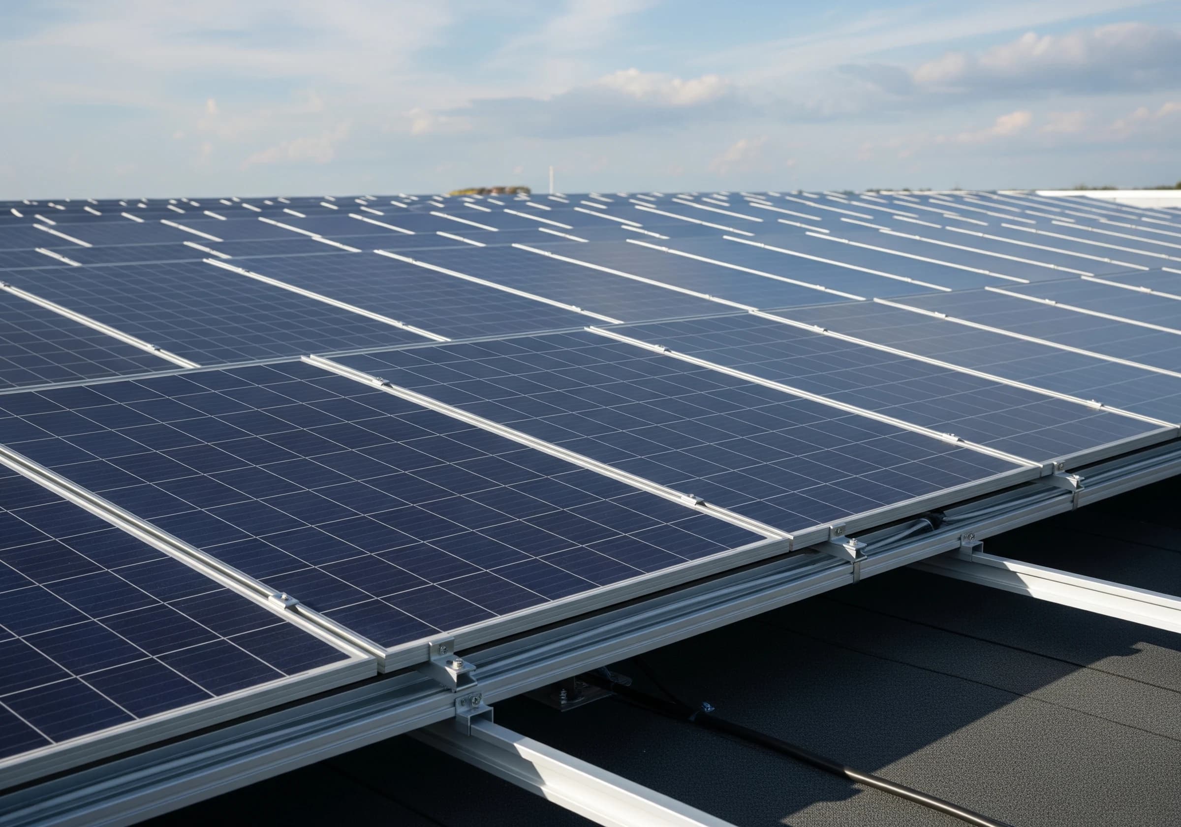 工場屋根の太陽光パネル施工現場
